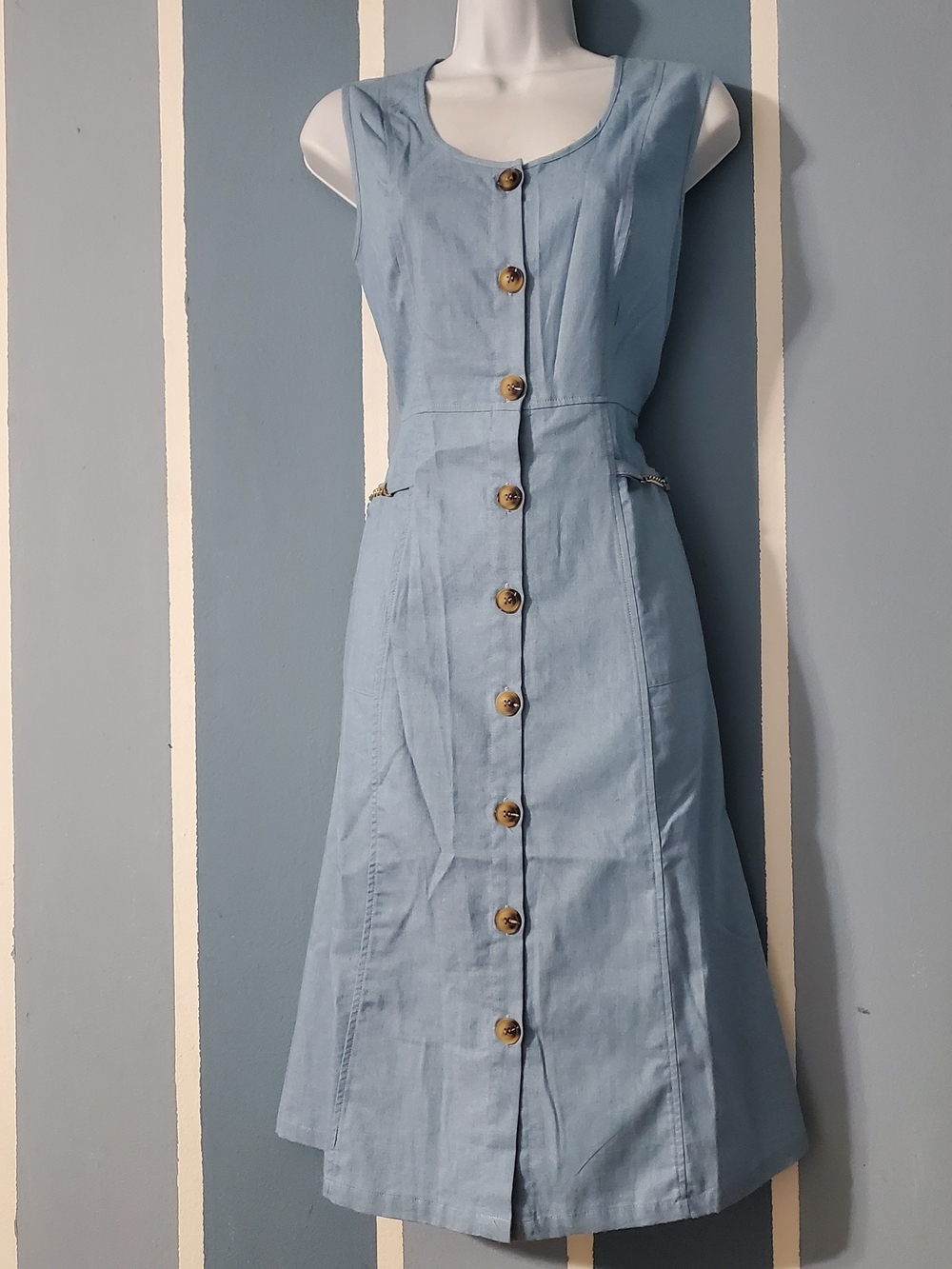 NY Collection Light Blue Sleeveless Button-Front Midi Dress
